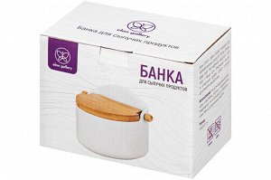 Керамическая банка для сыпучих продуктов 500 мл с откидной бамбуковой крышкой, белая