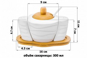 Набор для специй и сахара "Айсберг волны" с ложкой, солонкой и перечницей на деревянной подставке, 300 мл