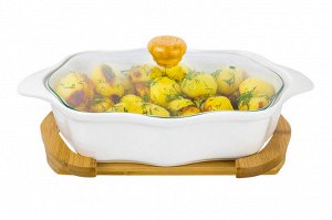 Блюдо для запекания и сервировки 32x20x14 см, 1.5 л "Айсберг" с ажурным дизайном и стеклянной крышкой на деревянной подставке