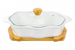 Блюдо для запекания и сервировки 32x20x14 см, 1.5 л "Айсберг" с ажурным дизайном и стеклянной крышкой на деревянной подставке