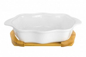 Блюдо для запекания и сервировки 32x20x14 см, 1.5 л "Айсберг" с ажурным дизайном и стеклянной крышкой на деревянной подставке