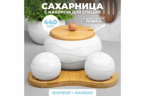 Набор для специй "Айсберг волны" с сахарницей, солонкой и перечницей на деревянной подставке, 440 мл