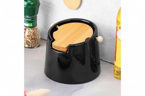Керамическая банка для сыпучих продуктов 700 мл с бамбуковой крышкой, черная
