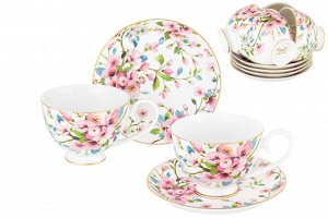 Чайный набор 12 пр. 300 мл "Яблоневый цвет на белом" с ножкой, NEW BONE CHINA