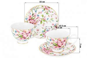 Чайный набор 12 пр. 300 мл "Яблоневый цвет на белом" с ножкой, NEW BONE CHINA