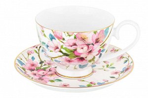 Чайный набор 12 пр. 300 мл "Яблоневый цвет на белом" с ножкой, NEW BONE CHINA