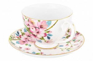 Чайный набор 12 пр. 300 мл "Яблоневый цвет на белом" с ножкой, NEW BONE CHINA
