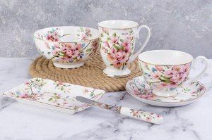 Чайный набор 12 пр. 300 мл "Яблоневый цвет на белом" с ножкой, NEW BONE CHINA