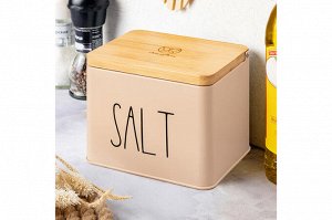 Емкость для хранения 1,5 л с деревянной крышкой "SALT", бежевая (14*11*11 см)