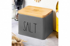 Емкость для хранения 1,5 л с деревянной крышкой "SALT", темно-серая (14x11x11 см)