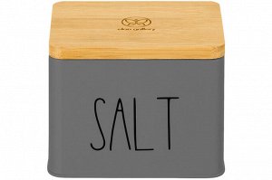 Емкость для хранения 1,5 л с деревянной крышкой "SALT", темно-серая (14x11x11 см)