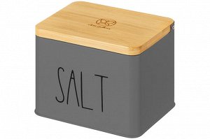Емкость для хранения 1,5 л с деревянной крышкой "SALT", темно-серая (14x11x11 см)
