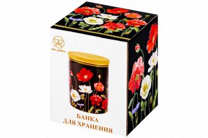 Банка для хранения 650 мл с деревянной крышкой и силиконовой уплотнением "Маки на черном"
