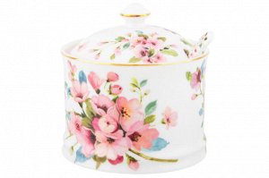 Сахарница 250 мл с ложкой "Яблоневый цвет на белом", NEW BONE CHINA