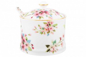 Сахарница 250 мл с ложкой "Яблоневый цвет на белом", NEW BONE CHINA