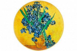 Тарелка декоративная "Ирисы в вазе" с золотой каймой, 20x20x2 см, круглая, с крючком и подставкой