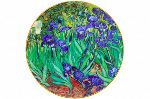 Декоративная тарелка "Ирисы" с золотой каймой, 20x20x2 см - комплект с крючком и подставкой