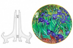 Декоративная тарелка "Ирисы" с золотой каймой, 20x20x2 см - комплект с крючком и подставкой