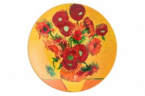Круглая тарелка с декором "Подсолнухи" и золотой каймой, 20x20 см, в комплекте крючок и подставка