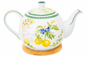 Чайник 1,1 л с подставкой из бамбука "Лимоны", NEW BONE CHINA