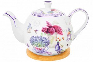 Чайник 1,1 л 'Лаванда' с бамбуковой подставкой, NEW BONE CHINA