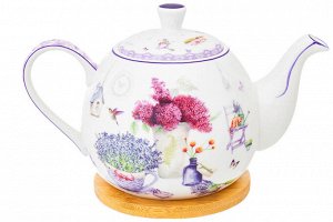 Чайник 1,1 л 'Лаванда' с бамбуковой подставкой, NEW BONE CHINA