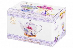 Чайник 1,1 л 'Лаванда' с бамбуковой подставкой, NEW BONE CHINA