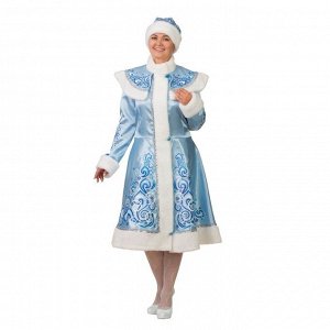 Карнавальный костюм «Снегурочка», сатин, шуба с аппликацией, шапка, варежки, цвет голубой, р. 50-52