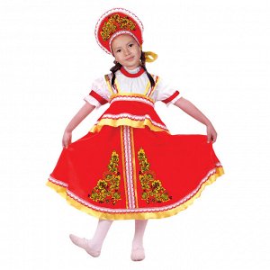 Карнавальный русский костюм "Хохлома, цветы", платье-сарафан, кокошник, цвет красный, р-р 32, рост 122-128 см