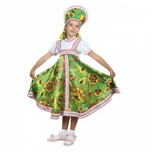Русский народный костюм "Хохлома", платье, кокошник, цвет зелёный, р-р 28, рост 98-104 см