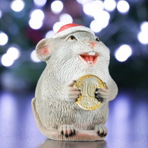 Фигура "Крыса с монетой "10 рублей" серый 7х7х9см