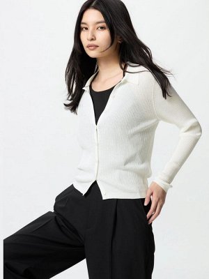 UNIQLO - женский кардиган-поло в рубчик - 01 OFFWHITE