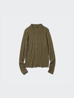 UNIQLO - женский кардиган-поло в рубчик - 57 OLIVE