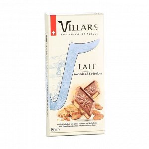 Шоколад швейцарский молочный с цельным миндалем и пряным печеньем, villars, 180г