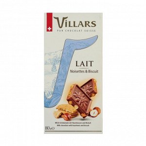Шоколад швейцарский молочный с цельным фундуком и кусочками печенья, villars, 180г