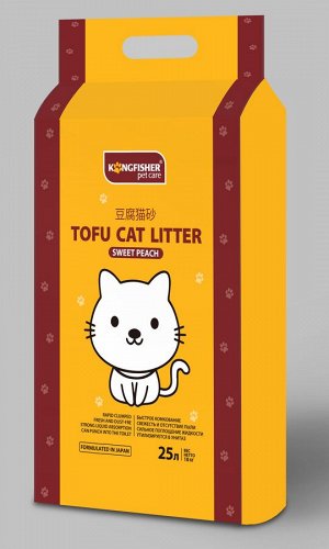 KINGFISHER®️ НАПОЛНИТЕЛЬ ДЛЯ КОШАЧЬИХ ТУАЛЕТОВ ТОФУ (TOFU) "SWEET PEACH", с ароматом сладкого персика, мешок 10 кг (25 литров)