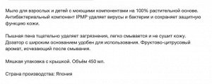 Жидкое мыло для рук "KireiKirei" с антибактериальным эффектом с маслом розмарина для всей семьи
с фруктово-цитрусовым ароматом (мягкая упаковка с крышкой) 450 мл