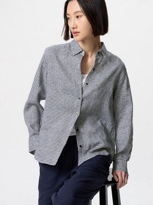UNIQLO - льняная рубашка премиум-класса в мелкую клетку -  69 NAVY