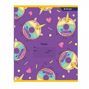 Тетрадь 12л., клетка, Alingar, скрепка, блок офсет, 100% белизна,  мелованный картон (стандарт), "Пончики"