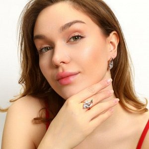 Комплект ювелирной бижутерии коллекция "Дубай" серьги и кольцо 18 р, двойное покрытие позолота и вставка из посеребрения, вставка: фианиты, цвет: прозрачный, арт.213.385-18
