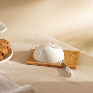Маслёнка SL Home «Тренто», 22?17,5 см, на деревянной подставке, с ножом для масла, фарфор, белая