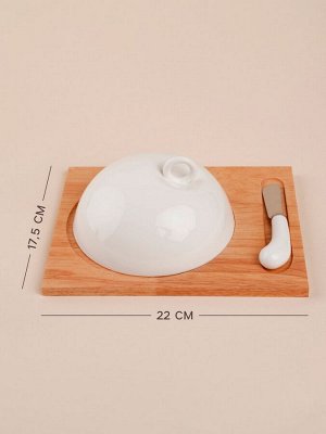 Маслёнка SL Home «Тренто», 22?17,5 см, на деревянной подставке, с ножом для масла, фарфор, белая