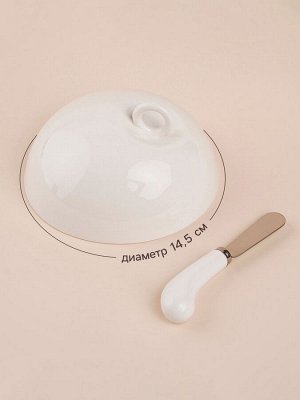 Маслёнка SL Home «Тренто», 22?17,5 см, на деревянной подставке, с ножом для масла, фарфор, белая
