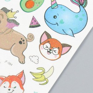 Татуировка на тело цветная "Веселые животные" блестки 12х7,5 см