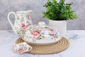 Блинница 23x23 см "Яблоневый цвет на белом" из новой костяного фарфора