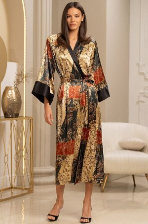 Klimt 4429 Длинный запашной халат Mia-Amore с широким длинным рукавом. Изделие выполнено из принтованного смесового шелка с однотонной отделкой. По бокам расположены карманы.
Состав 70% натуральный шё