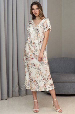 Eden 5177 Длинная элегантная сорочка Mia-Amore полуприлегающего с коротким рукавом. Изделие выполнено из принтованного смесового шелка на матовой основе и декорировано ажурным кружевом, которое распол