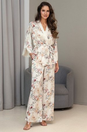 Eden 5168 Комплект-тройка Mia-Amore состоит из запашного жакета с длинным рукавом, широких брюк и топа на тонких бретелях. Жакет и брюки выполнены из принтованного смесового шелка на матовой основе с 
