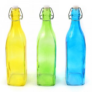 Бутылка стеклянная "Симфония" 1л, 7,5х7,5х30см, бугельная крышка, цветное стекло, цвета микс (Китай)