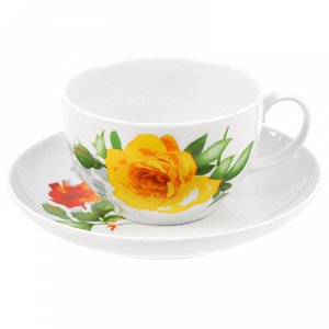 Чашка чайная фарфоровая "Роза" 210мл, д8,5см, h6см, форма "Янтарь", с блюдцем д14см (Россия)